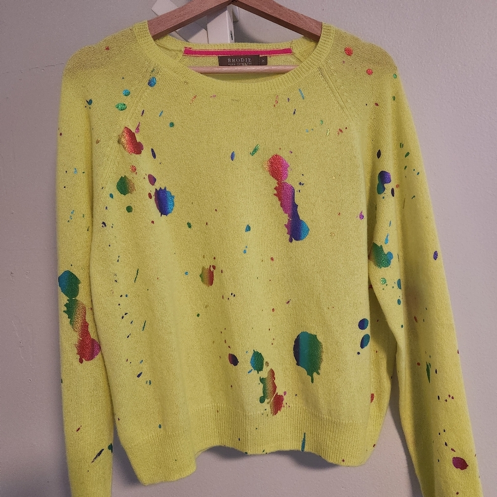 Brodie Fine Cashmere Neon Yellow Rainbow Foil Paint Splatter Sweater Med Luxury - Picture 6 of 11